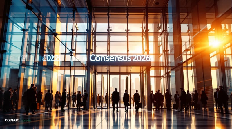 A cinematic editorial photograph capturing the bustling Miami Convention Center during Consensus 2026, with its distinctive g