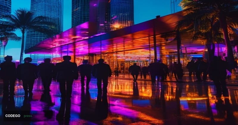 A cinematic editorial photograph capturing the stark contrast between crypto's corporate aspirations and controversial venue 