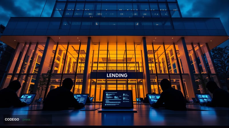 A dramatic photorealistic editorial photograph capturing the modern consumer lending fraud crisis. The scene shows a sleek co