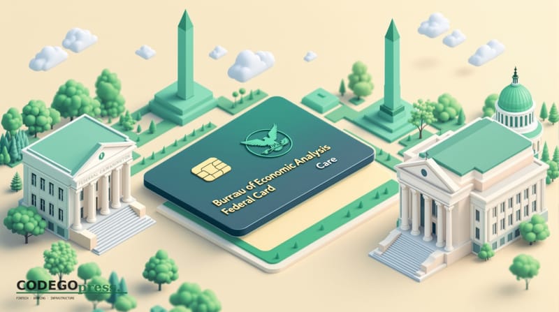 Large embossed payment card with navy and gold accents in centre, Bureau of Economic Analysis pillared Washington building on