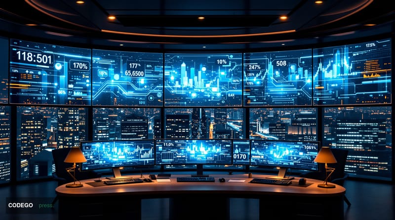 A sophisticated corporate financial operations center photographed in dramatic editorial style, featuring multiple curved tra