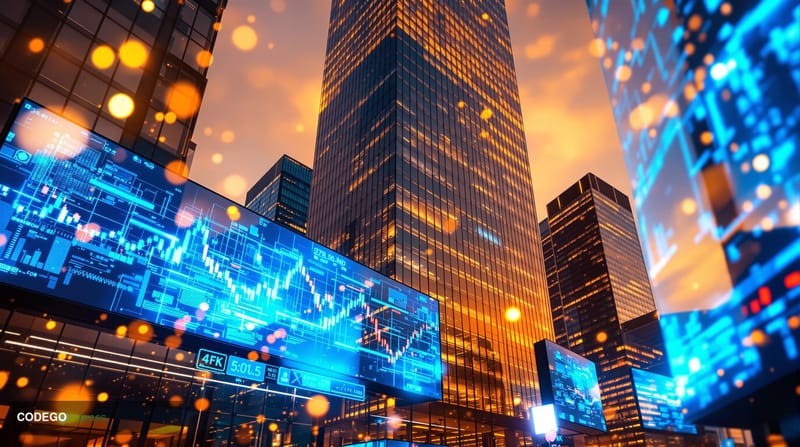 A photorealistic editorial photograph showcasing modern corporate payment infrastructure with stablecoin integration. The sce