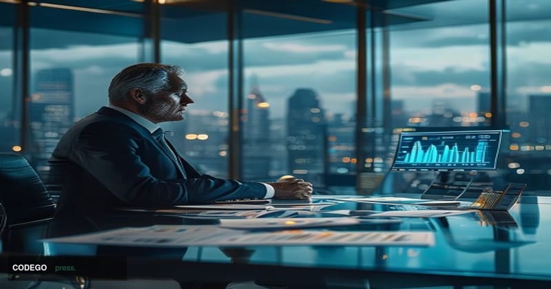 A boardroom scene showing a senior executive in business attire sitting at a sleek glass conference table, reviewing financia