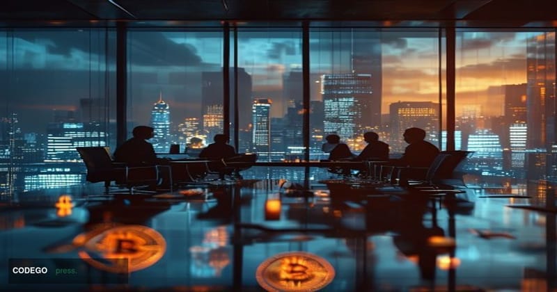 A photorealistic 8K editorial photograph showing a modern corporate boardroom with floor-to-ceiling windows overlooking a cit