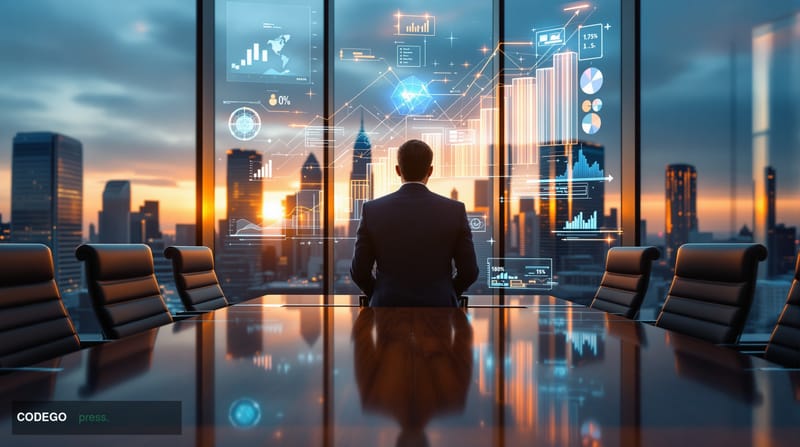 A photorealistic editorial photograph showing a modern corporate boardroom with floor-to-ceiling windows overlooking a financ