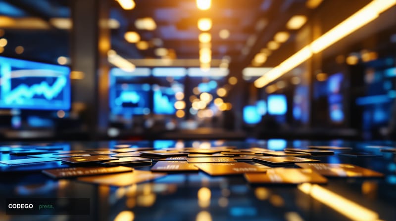 A photorealistic editorial photograph capturing the surge in American credit card usage, shot from a low angle inside a moder
