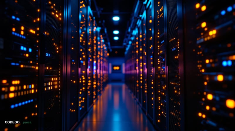 A photorealistic editorial photograph showing a dramatic close-up view of illuminated server racks in a darkened data center,