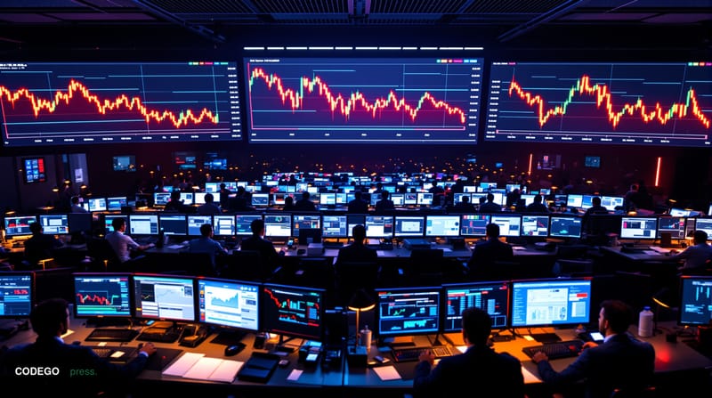 A dramatic photorealistic editorial photograph showing a cryptocurrency trading floor or digital asset exchange environment i