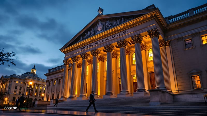 A cinematic editorial photograph showing the imposing neoclassical facade of the US Treasury building in Washington DC at dus