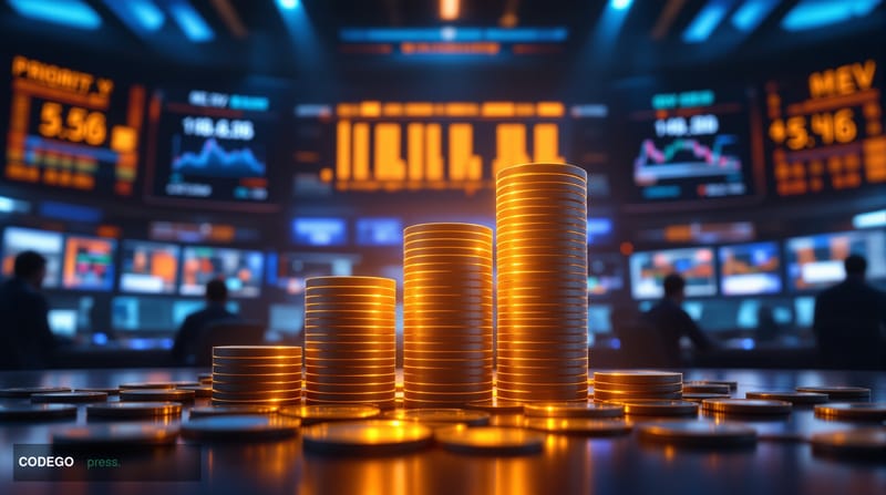 A photorealistic editorial photograph showing a futuristic cryptocurrency exchange trading floor with multiple monitors displ