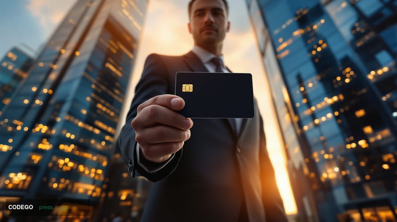 A cinematic editorial photograph of a modern financial district at golden hour, featuring sleek glass towers of major payment