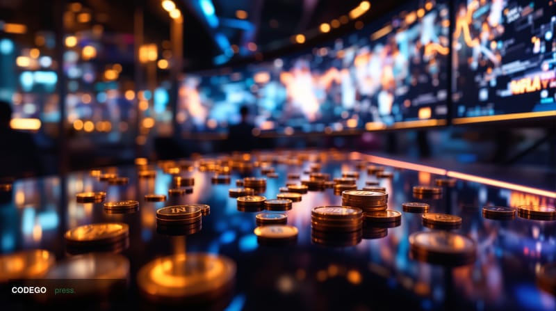 A cinematic editorial photograph capturing the intersection of cryptocurrency and digital gaming through a high-tech casino e
