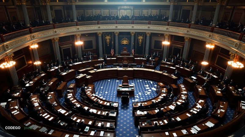 A dramatic photorealistic editorial photograph of the United States Senate chamber during a tense markup session, captured fr
