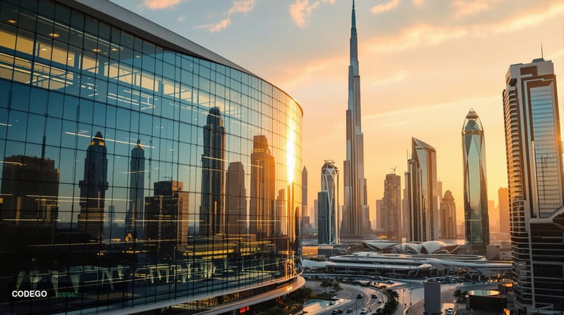 A cinematic editorial photograph showcasing Dubai's iconic skyline at golden hour with the Burj Khalifa prominently featured,