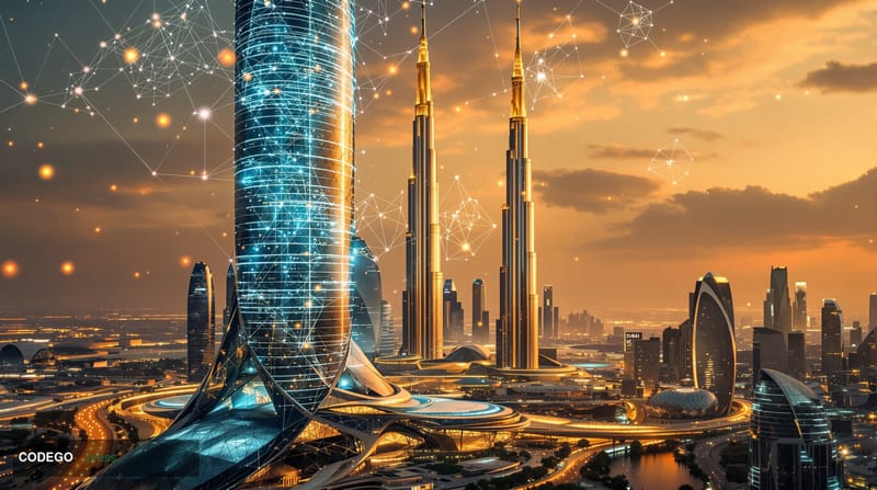 A photorealistic editorial photograph showcasing Dubai's futuristic skyline at golden hour with the iconic Burj Khalifa and E
