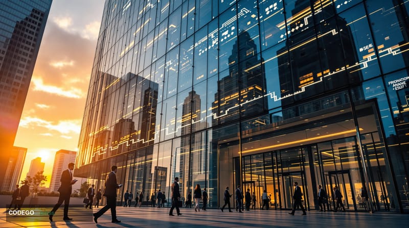 A photorealistic editorial photograph showing the modern headquarters of a major cryptocurrency exchange or blockchain compan
