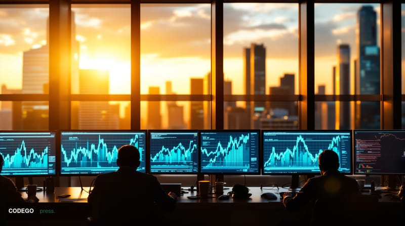 A dramatic cinematic photograph of a modern cryptocurrency exchange trading floor or blockchain development workspace, photog