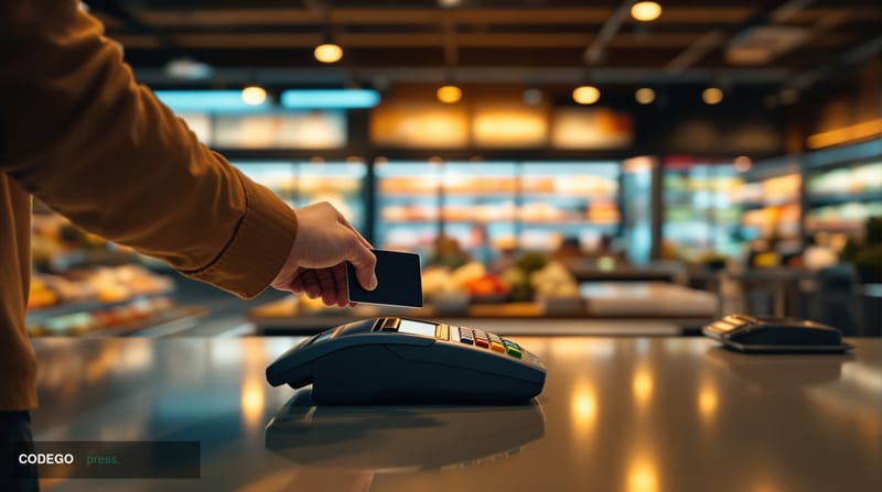 A photorealistic editorial photograph of a modern European grocery store interior at late afternoon golden hour. Wide-angle s