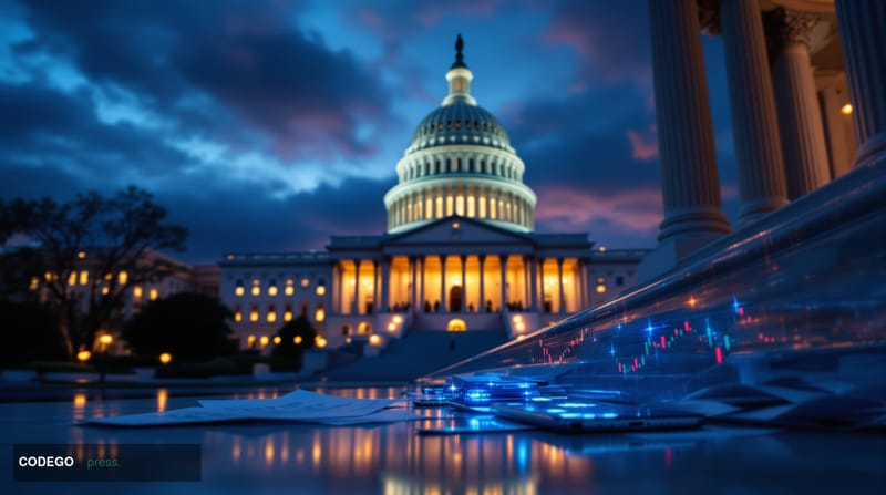 A cinematic editorial photograph capturing the intersection of cryptocurrency lobbying and US legislative power, shot from a 