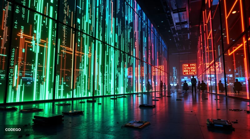 A cinematic 8K photorealistic image of a futuristic cryptocurrency trading floor or blockchain development center, shot from 