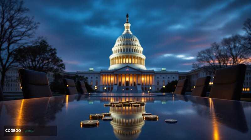 A photorealistic editorial photograph capturing the intersection of cryptocurrency and American politics, featuring the iconi