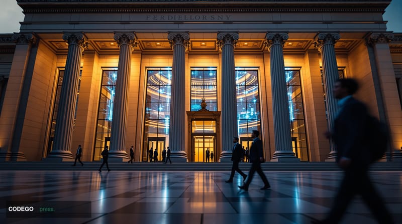 A dramatic photorealistic editorial photograph of the Office of the Comptroller of the Currency headquarters building in Wash