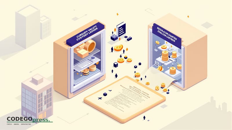 Flat 3D isometric vector editorial illustration showing a banking-green background with a layered custody vault structure in 
