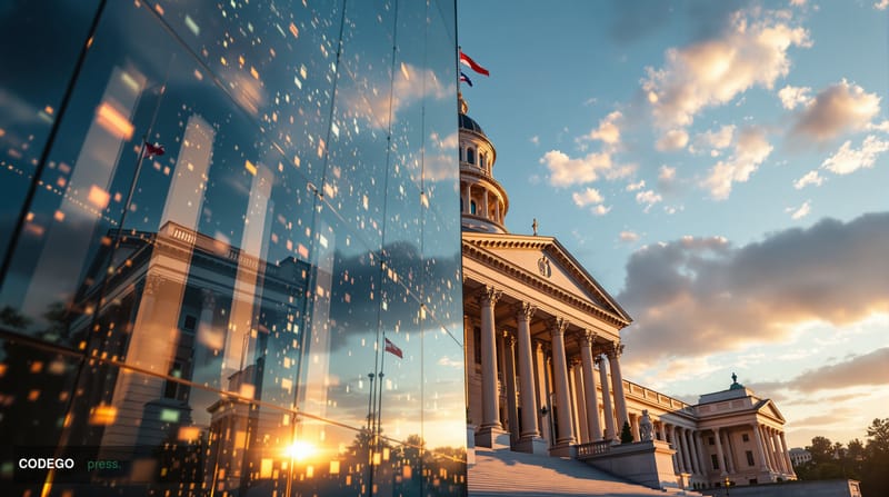A dramatic cinematic editorial photograph capturing the intersection of cryptocurrency and American politics. The scene shows