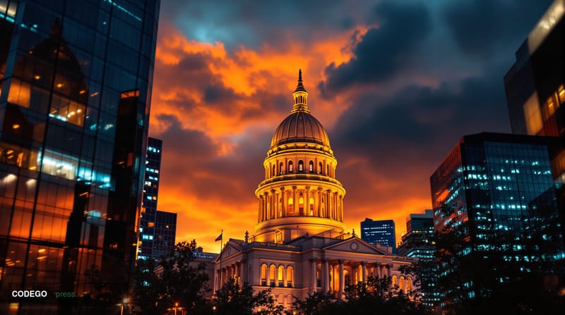 A cinematic editorial photograph capturing the Texas State Capitol building in Austin at golden hour, with dramatic warm ambe