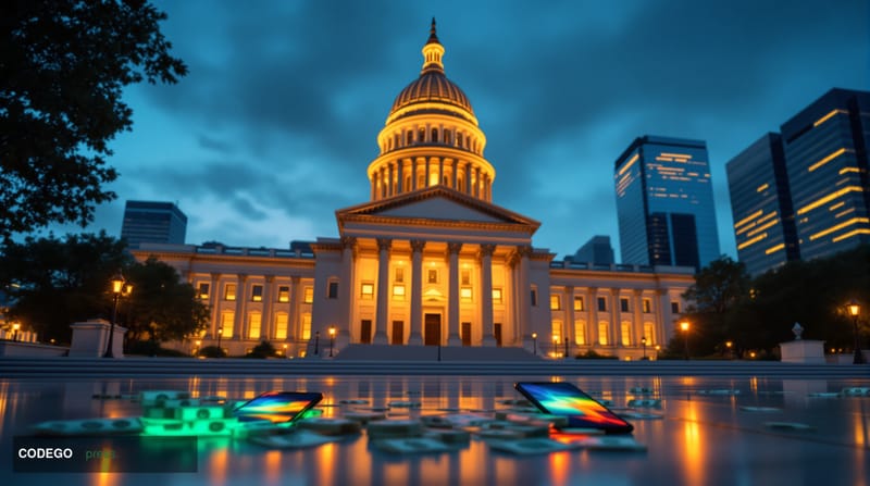 Photorealistic editorial photograph of the Texas State Capitol building in Austin at golden hour, with dramatic chiaroscuro l