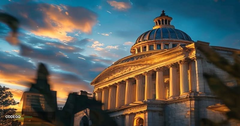 A photorealistic editorial photograph of the Georgia State Capitol building in Atlanta during golden hour, with its distincti
