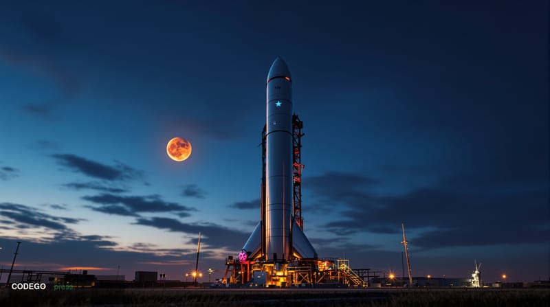 A dramatic photorealistic editorial photograph showing SpaceX's Starship rocket on the launch pad at Starbase, Texas, with th
