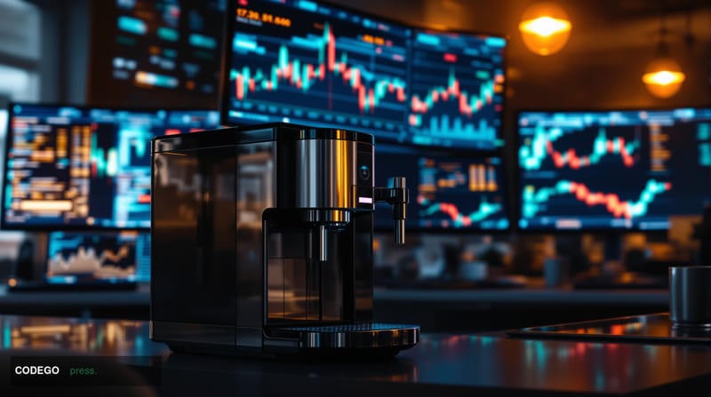 A photorealistic editorial photograph showing a modern cryptocurrency trading floor or fintech office space with multiple lar