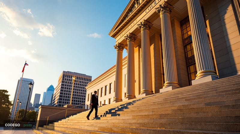 A photorealistic editorial news photograph showing the exterior of a federal courthouse in California, with imposing neoclass