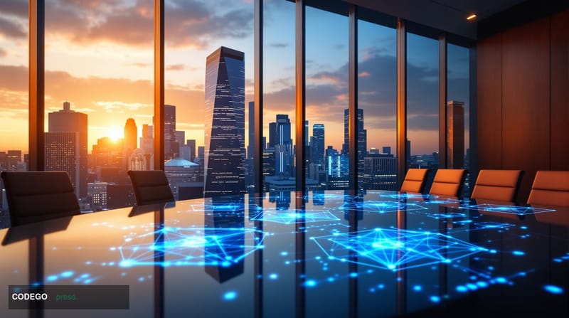 A photorealistic editorial photograph of a modern financial district boardroom with floor-to-ceiling windows overlooking a ma