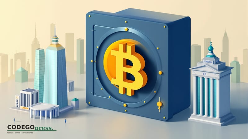 Large Bitcoin symbol in gold against a navy bank-vault door in centre, European Central Bank twin-glass-tower silhouette on t