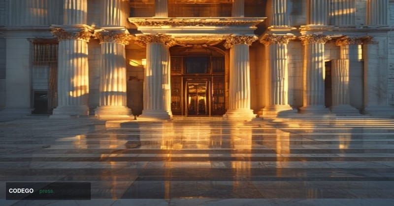 A dramatic editorial photograph of the imposing neoclassical facade of the US Supreme Court building in Washington DC, shot d