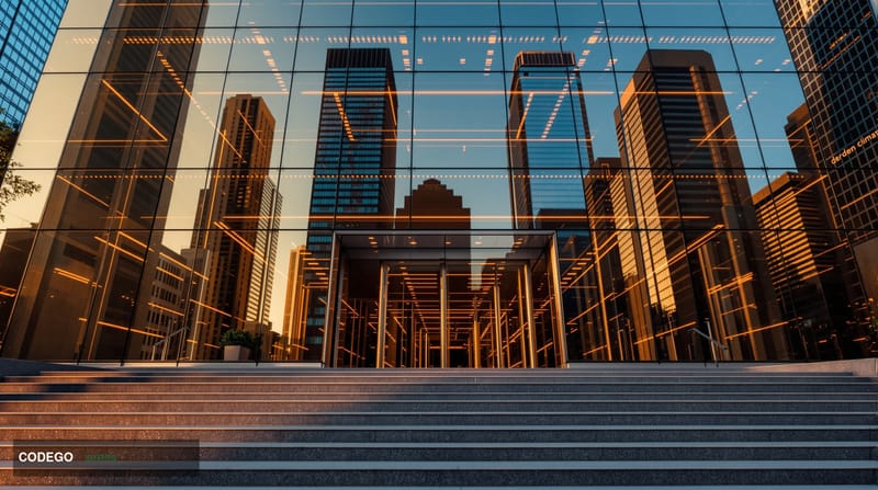 A cinematic editorial photograph showing the imposing glass facade of a major cryptocurrency exchange headquarters in downtow