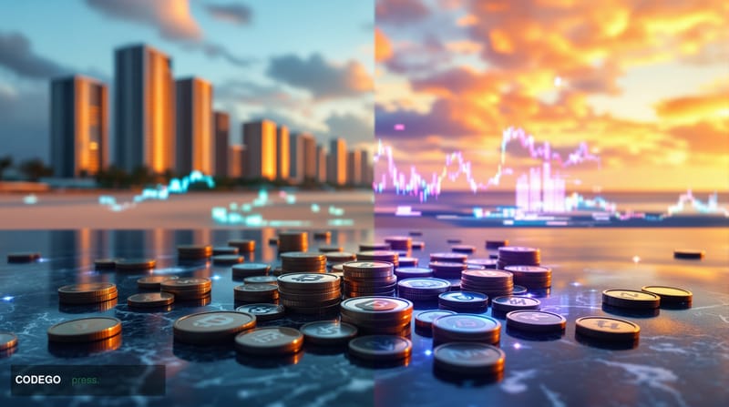 A cinematic editorial photograph showcasing the chaotic intersection of cryptocurrency speculation and social media misinform