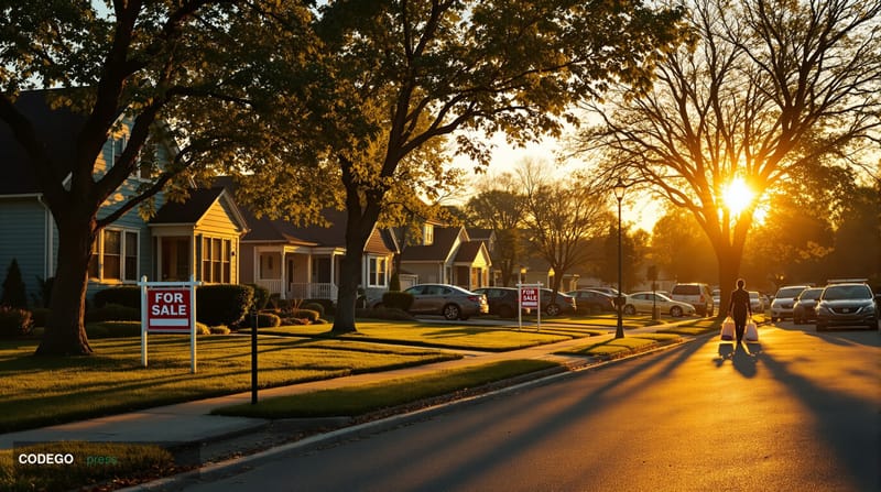 A cinematic editorial photograph showing a middle-class American suburban street at golden hour, with a mix of modest single-