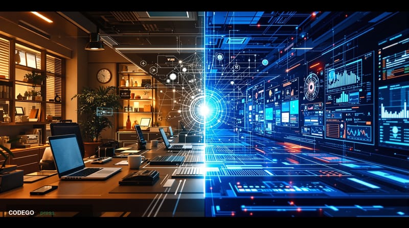 A cinematic editorial photograph showing a split-screen visual metaphor of fintech's decade-long evolution. The left side dis