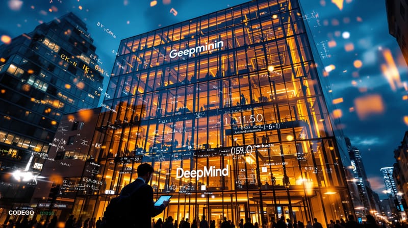 A photorealistic editorial photograph showcasing Google DeepMind's London headquarters at King's Cross, captured from a drama