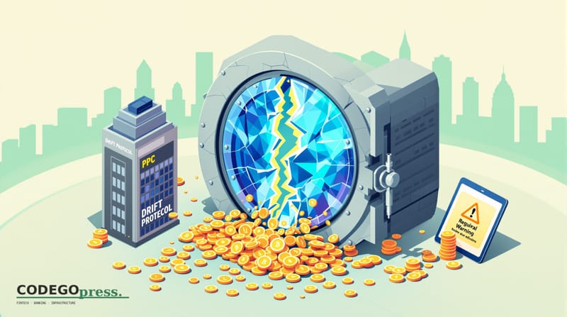 Large fractured crystal vault door in centre showing cascading orange and navy crypto tokens spilling downward, Drift Protoco
