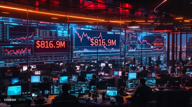 A dramatic photorealistic editorial photograph capturing the scale of DeFi security breaches through a cinematic composition 