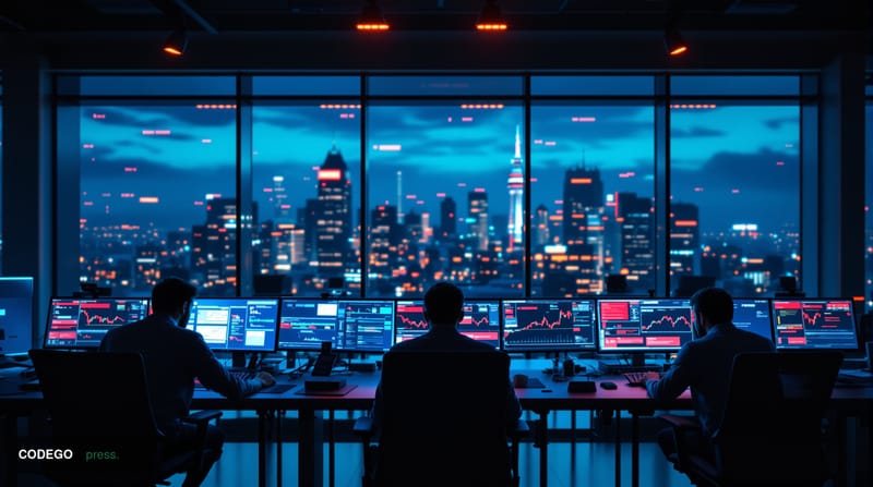A dramatic editorial photograph showing a sleek modern cryptocurrency trading floor or DeFi development office in crisis mode
