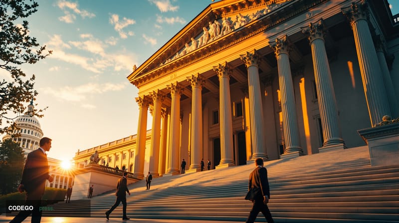 A photorealistic editorial photograph capturing the intersection of democratic institutions and financial power in Washington