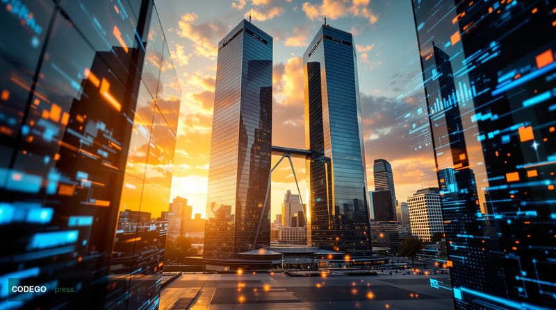 A cinematic editorial photograph of Deutsche Bank's iconic twin towers headquarters in Frankfurt, Germany, shot during golden