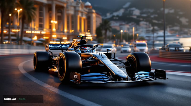 A photorealistic editorial photograph capturing the convergence of Formula One racing and digital banking. The scene shows a 