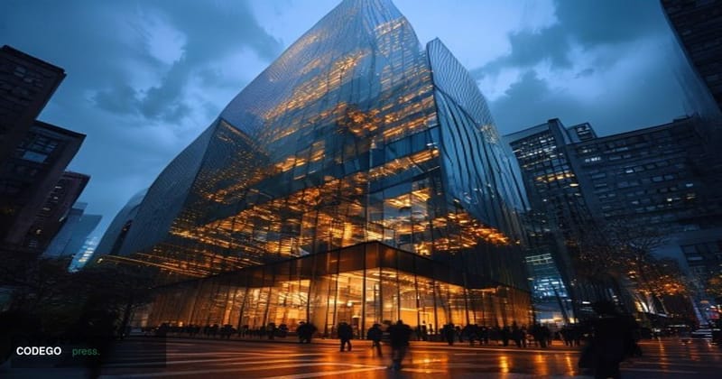A dramatic photorealistic editorial photograph capturing the imposing JPMorgan Chase headquarters at 270 Park Avenue in Manha