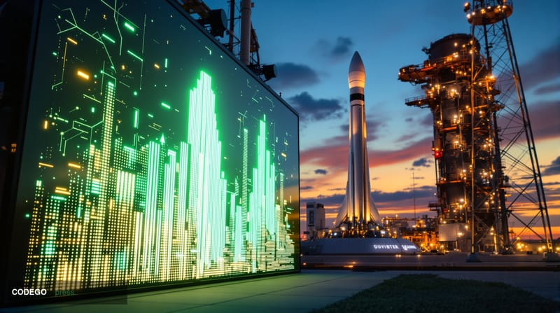 A cinematic editorial photograph showcasing the intersection of cryptocurrency and space exploration, featuring SpaceX's Star